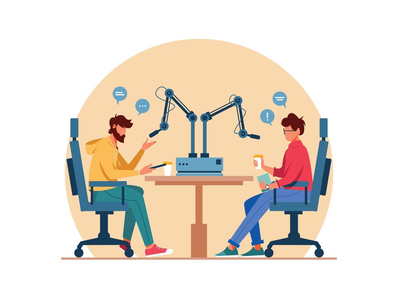 Live streaming, broadcast, recording podcast in studio flat vector illustration