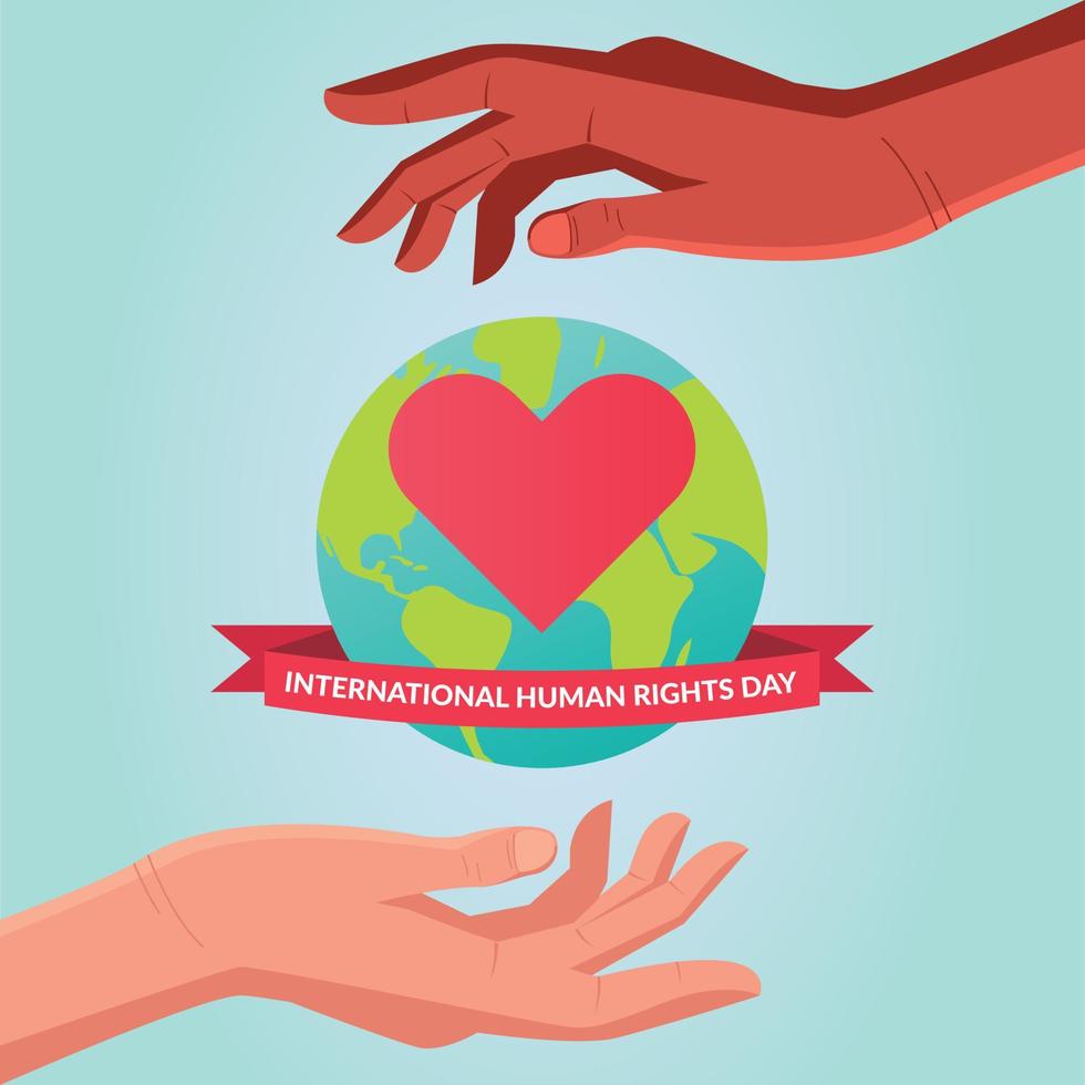 voluntarios mundiales y de derechos humanos. mundo protegido por delitos y vulneración de sus derechos. manos y corazones vector