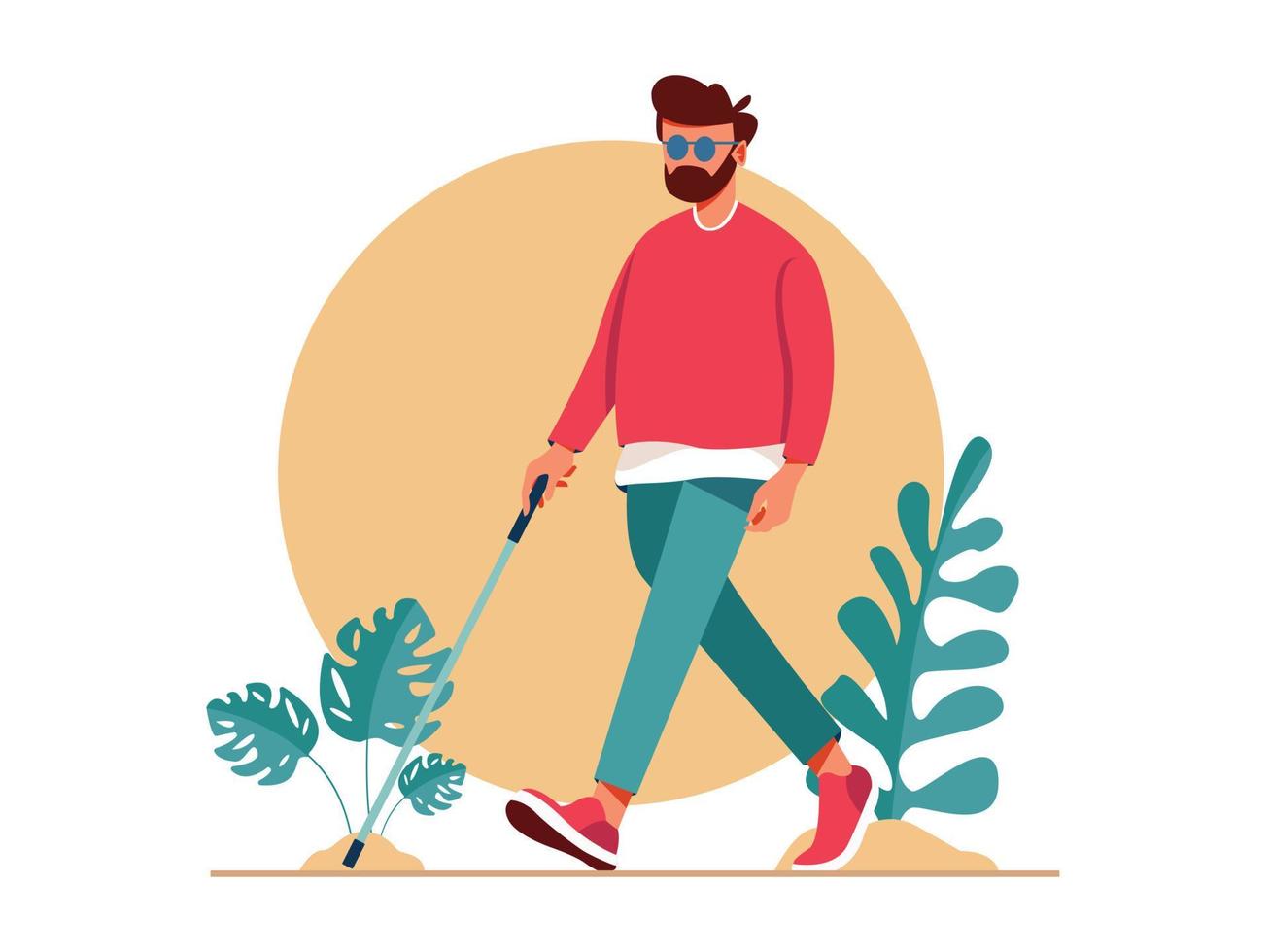Blind Man Walking with Stick. Disabled people living active life vector