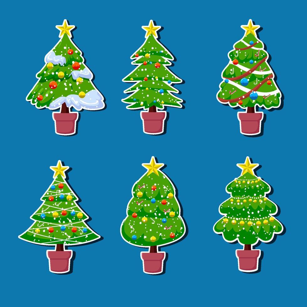 linda colección de pegatinas de árbol de navidad vector