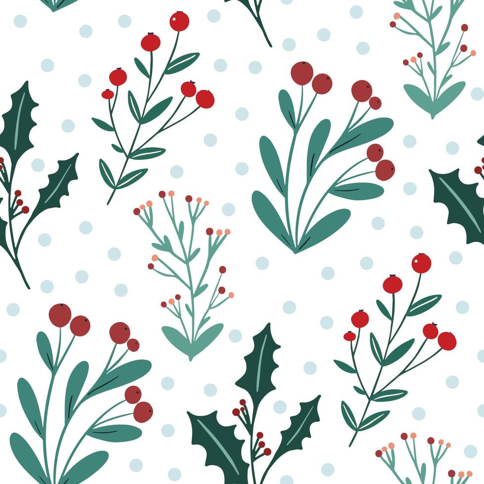 Festive winter floral seamless pattern background with holly berry, mistletoe branch and blue snow flake dots on white background. Christmas and New Year rustic backdrop design vector