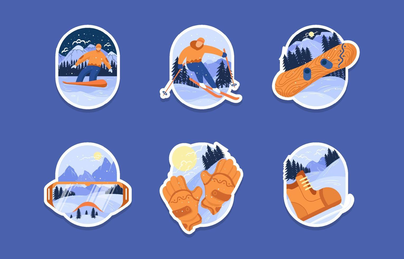 Playing Snow Sports Activity on Winter Sticker Set vector