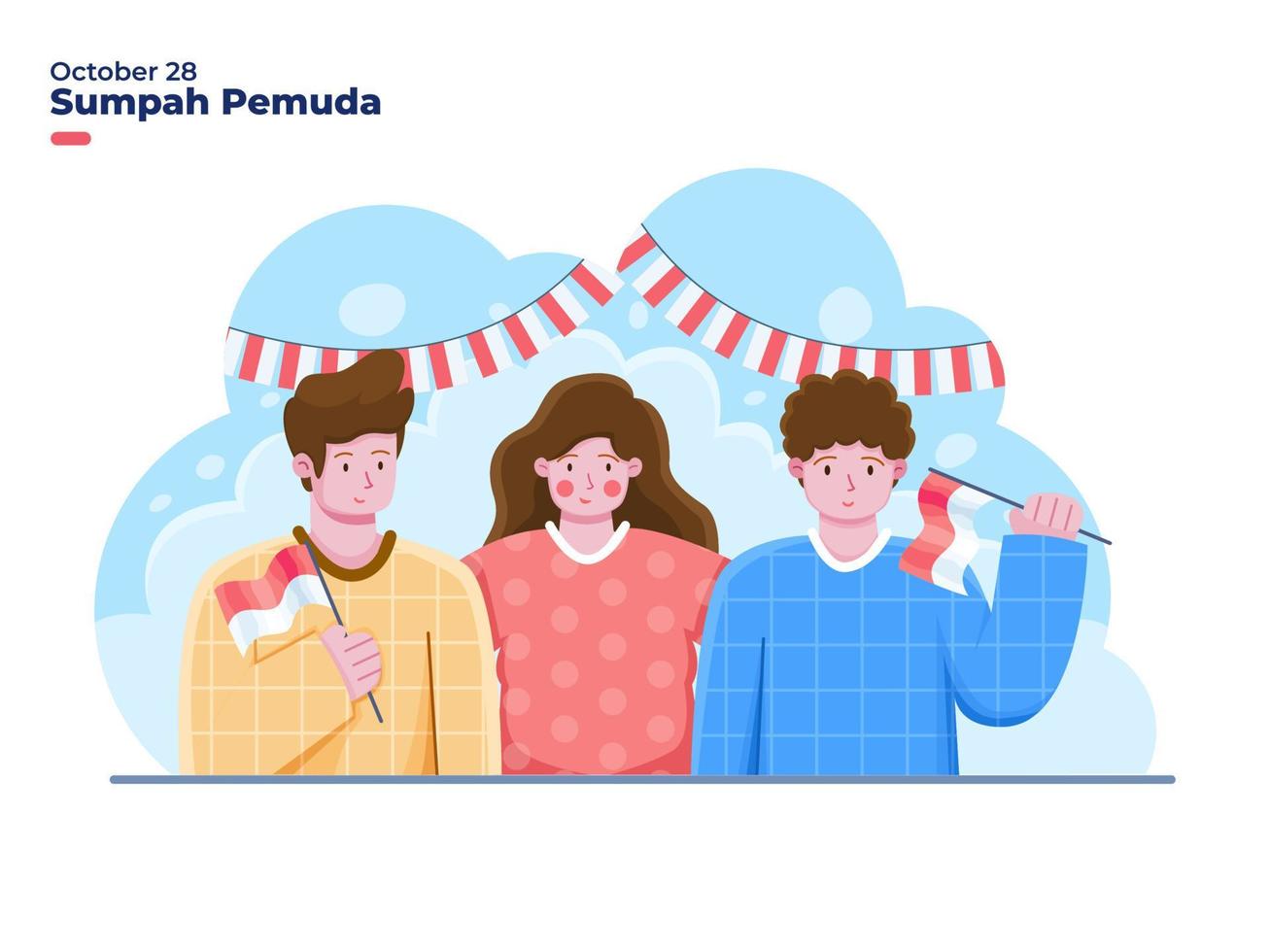 Young group people celebrate Indonesian Youth Pledge or Sumpah Pemuda at 28 October illustration. can be used for greeting card, banner, poster, web, postcard, social media. vector