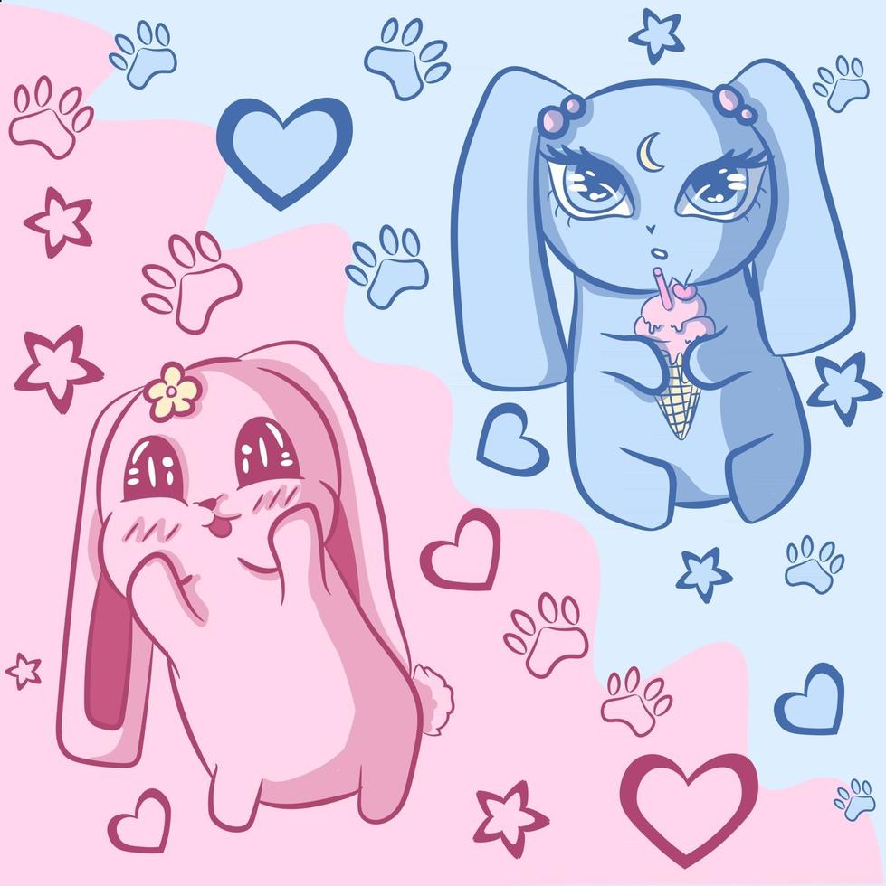 arte vectorial de un rosa pastel y un conejito azul. dos lindos animales con corazones, estrellas y patas a su alrededor. moda japonesa y dibujo conceptual realizado en estilo fairy kei. vector