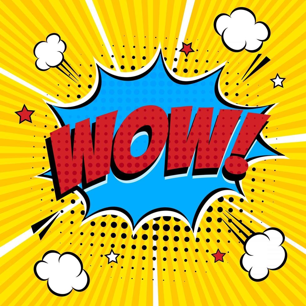 Comic lettering WOW in the speech bubble comics style flat design Dynamic vintage retro pop art illustration isolated on yellow rays background Exclamation WOW vector