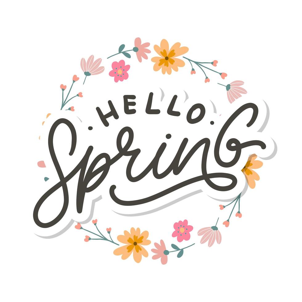 Hello Spring Flowers Text Background Frame lettering slogan vector