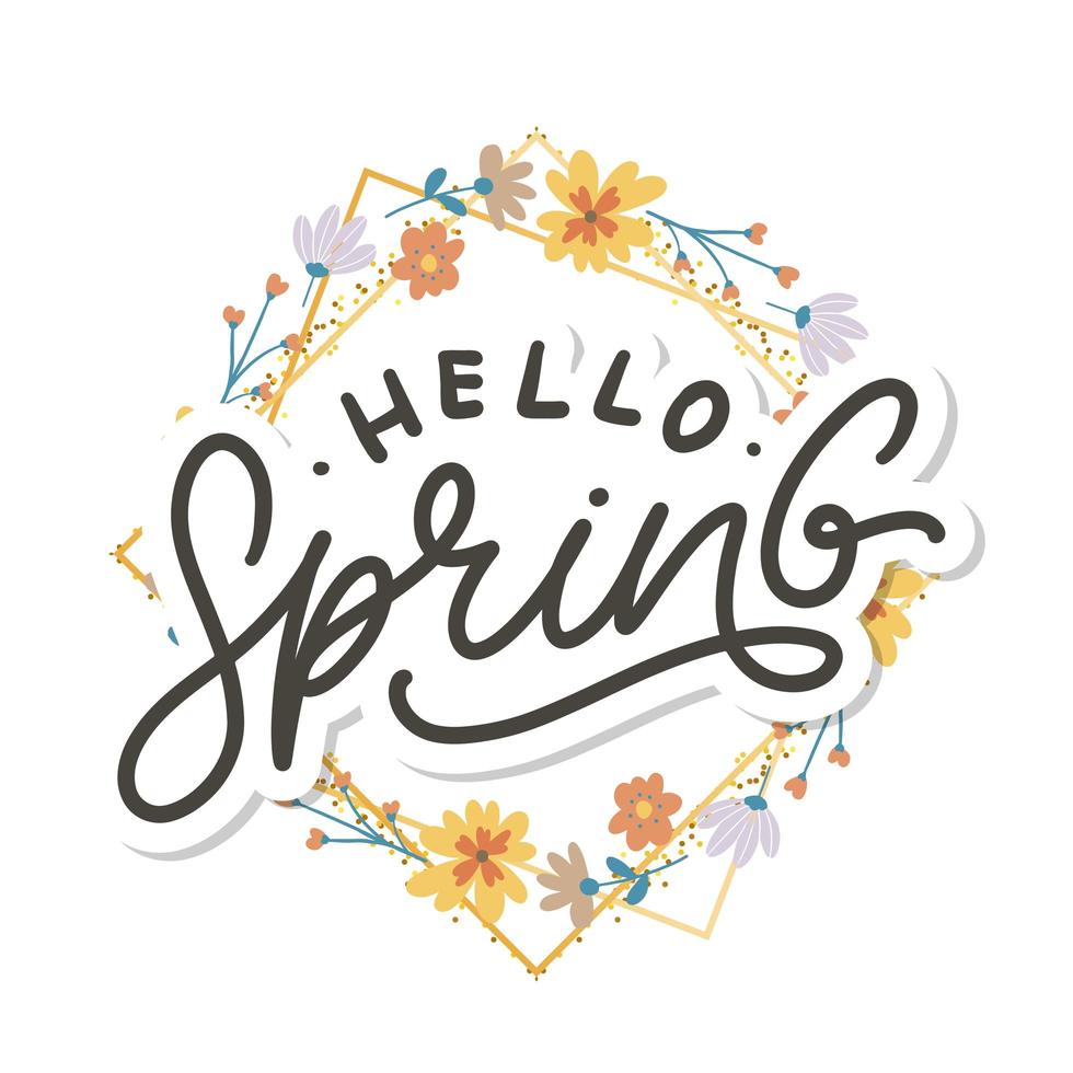 Hello Spring Flowers Text Background Frame lettering slogan vector