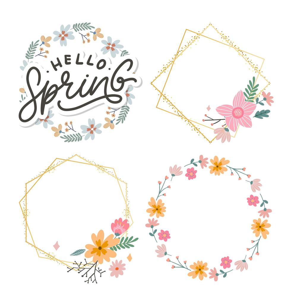 Hello Spring Flowers Text Background Frame lettering slogan vector