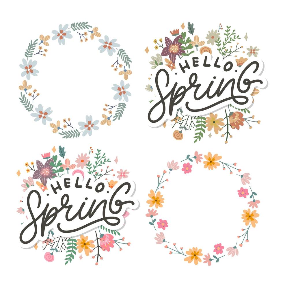 Hello Spring Flowers Text Background Frame lettering slogan vector