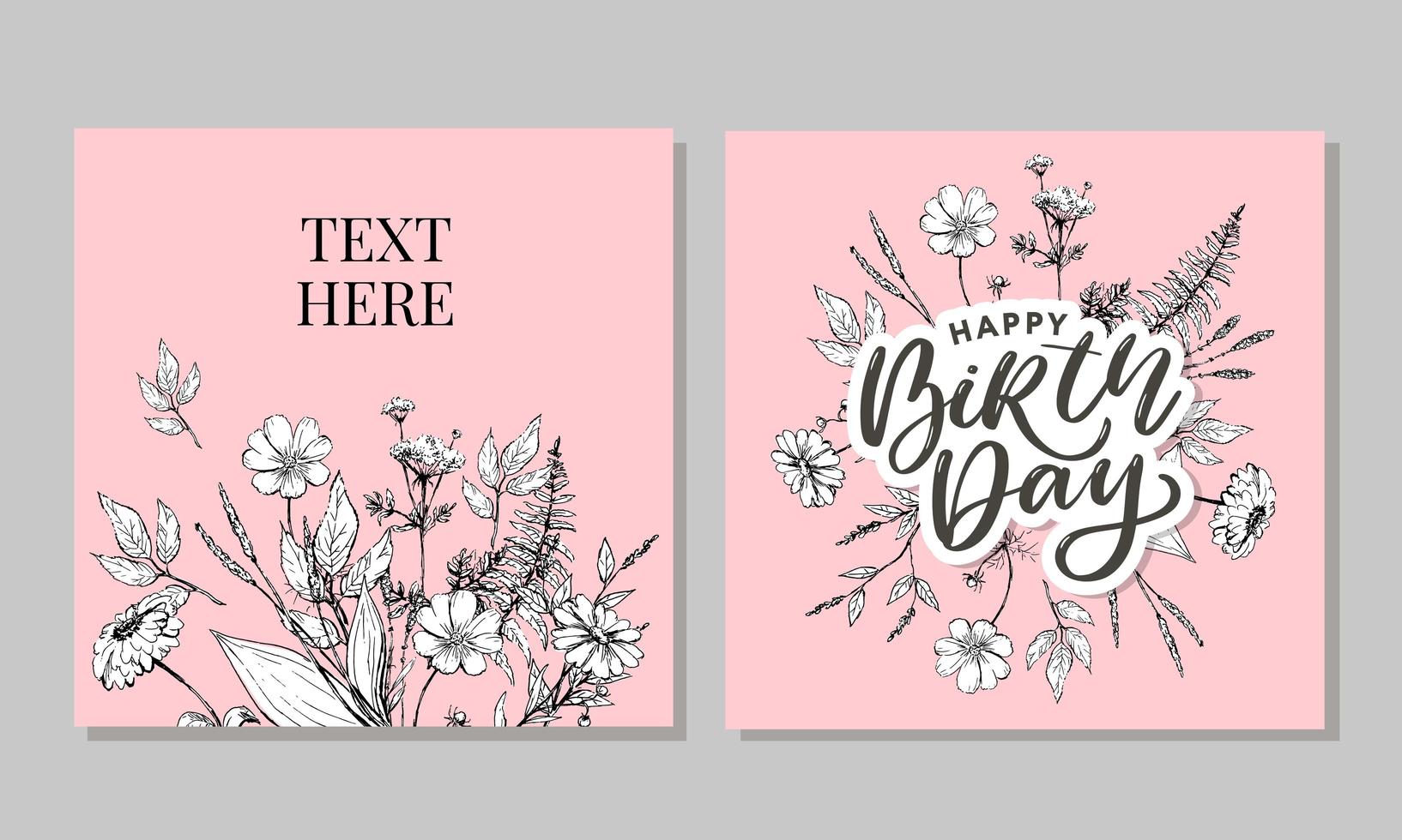 Beautiful happy birthday greeting card with flowers and bird. Vector party invitation with floral elements.