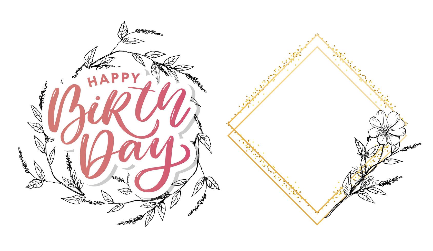 Beautiful happy birthday greeting card with flowers and bird. Vector party invitation with floral elements.