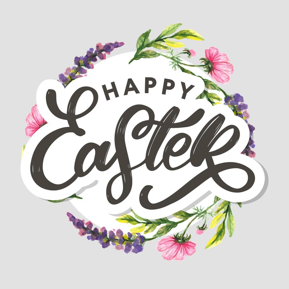 Happy Easter hand sketched logotype, badge typography icon. Lettering Happy Easter with flowers for greeting card, invitation template. Retro, vintage lettering banner poster template background vector