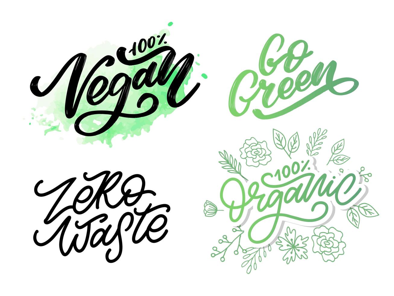 Vector illustration, food design. Handwritten lettering for restaurant, cafe menu. Vector elements for labels, logos, badges, stickers or icons. Calligraphic and typographic collection. Vegan menu