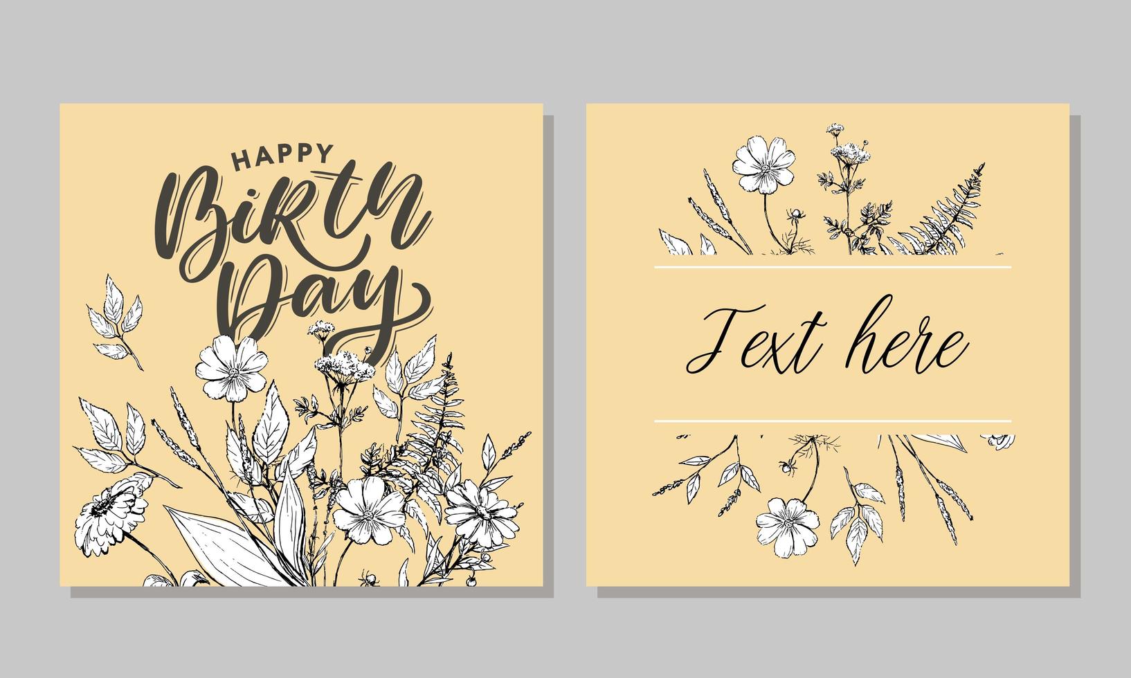 Beautiful happy birthday greeting card with flowers and bird. Vector party invitation with floral elements.