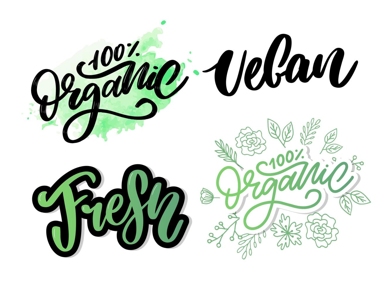 Organic set brush lettering. Hand drawn word organic with green leaves. Label, logo template for organic products, healthy food markets. vector