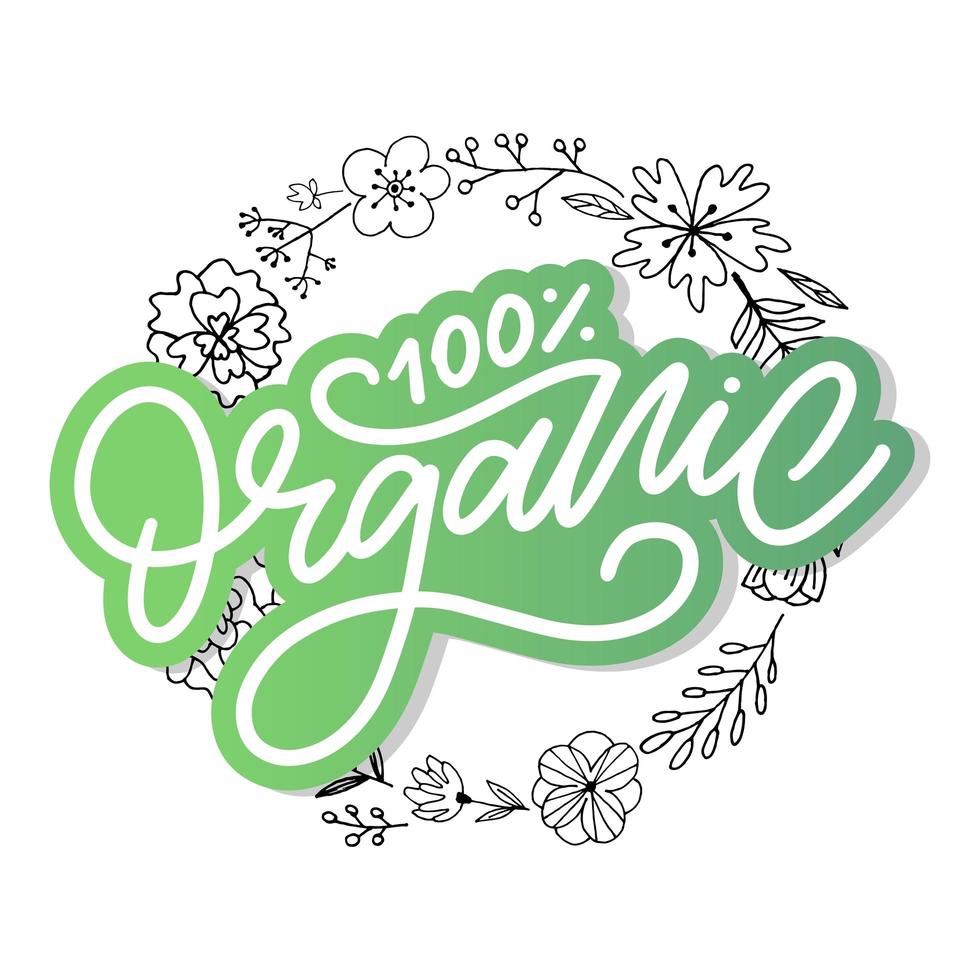 Letras de pincel orgánico. palabra dibujada a mano orgánica con hojas verdes. etiqueta, plantilla de logotipo para productos orgánicos, mercados de alimentos saludables. vector