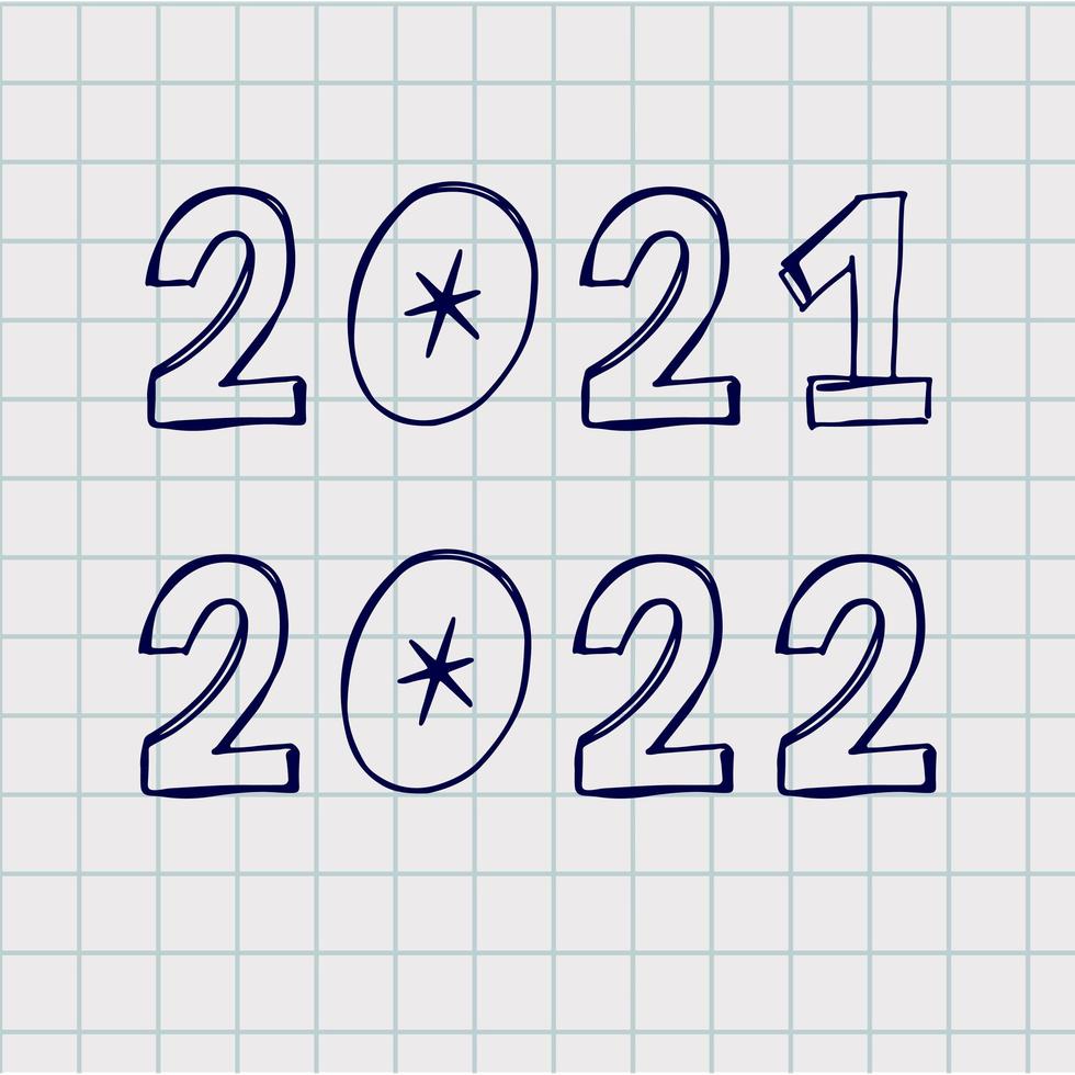 2022 2021 Numbers Made with Vector Doodle Brushe. Hand Drawn New Year Ink Two and Zero Number, Sketch Figures