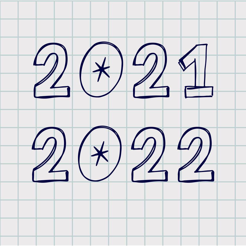 2022 2021 números hechos con vector doodle brushe. dibujado a mano tinta de año nuevo dos y número cero, figuras de boceto