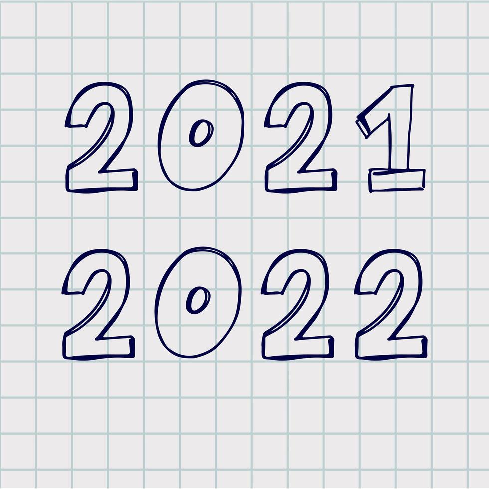 2022 2021 Numbers Made with Vector Doodle Brushe. Hand Drawn New Year Ink Two and Zero Number, Sketch Figures