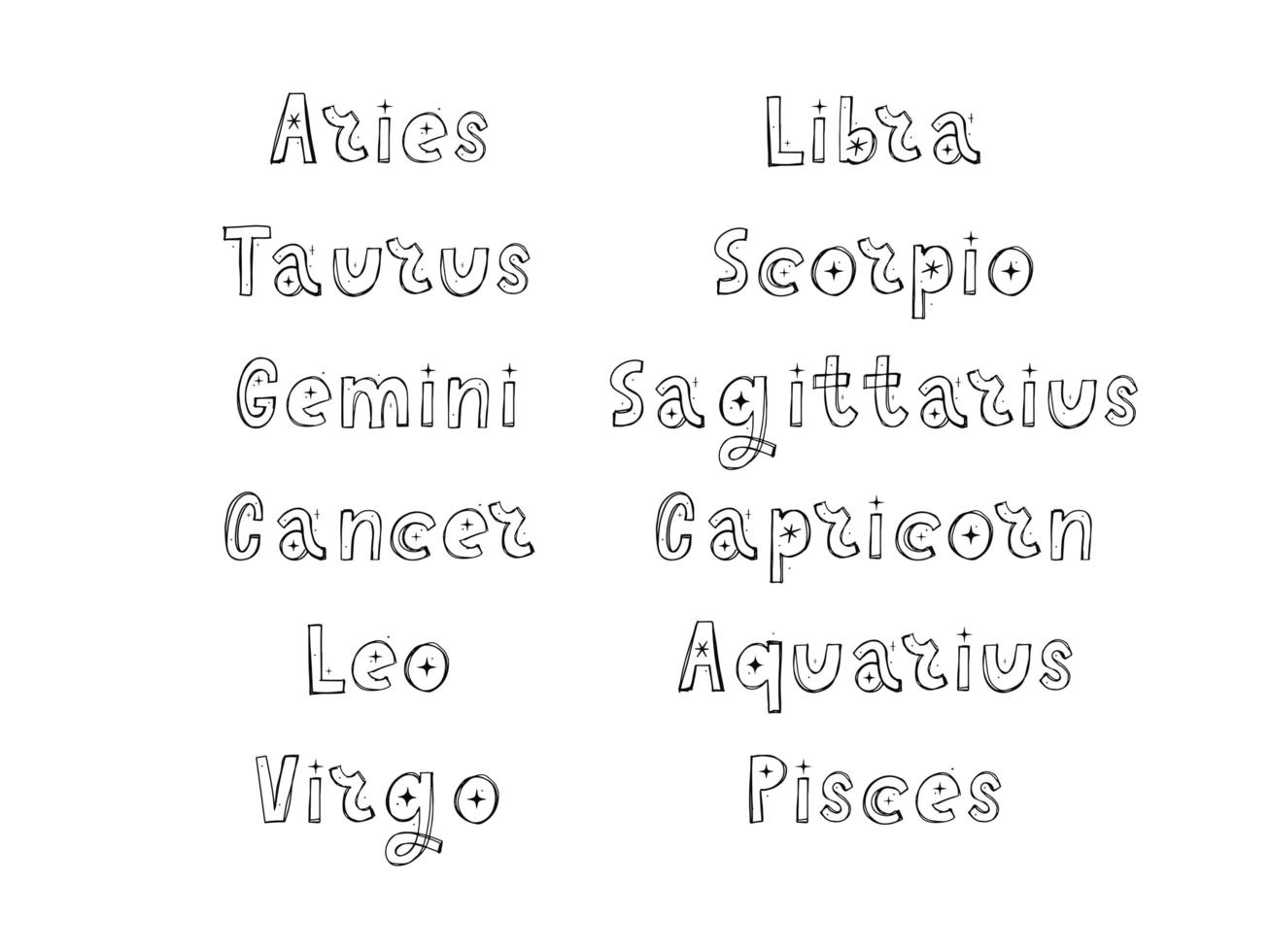 Signo de vector de letras del zodíaco. Ilustración de texto de astrología de dibujos animados. horóscopo manuscrito conjunto de iconos.