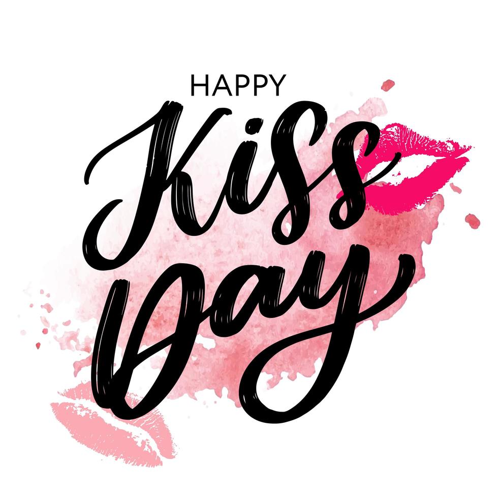Kiss me greeting card, poster with pink hand drawn watercolor lips. Vector background with ink hand lettering.