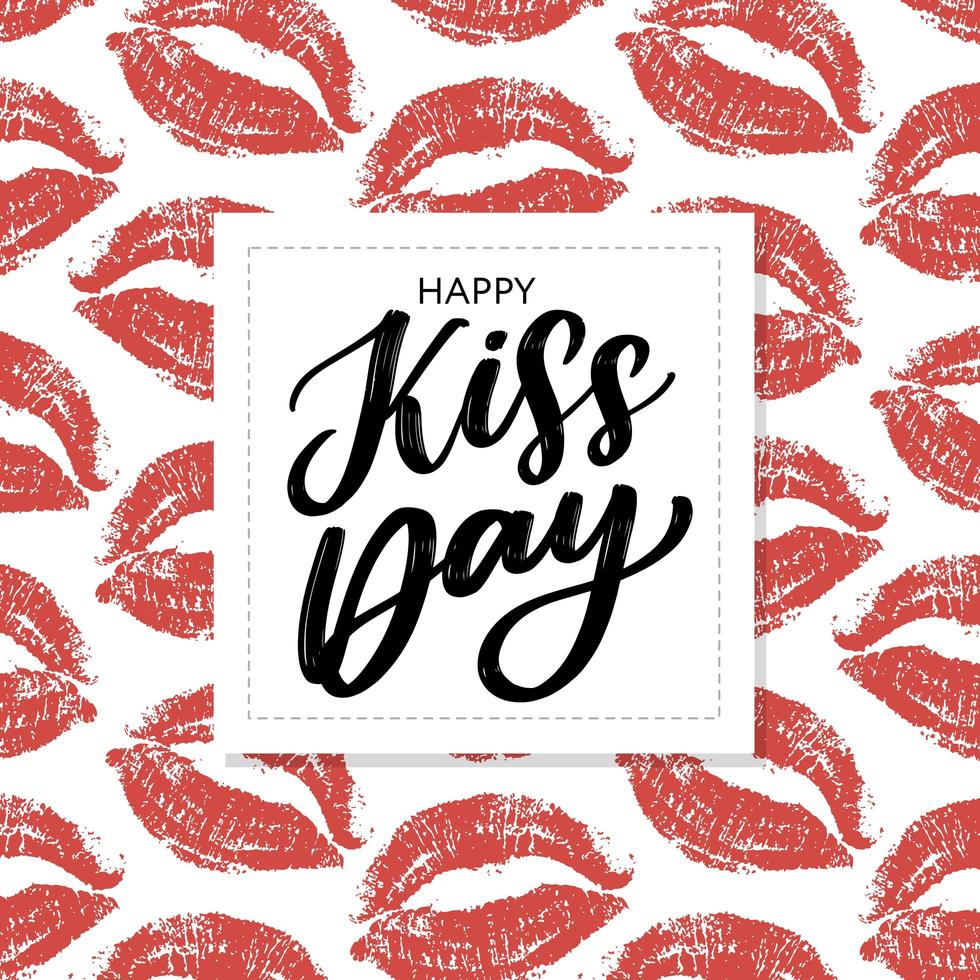 Kiss me greeting card, poster with pink hand drawn watercolor lips. Vector background with ink hand lettering.