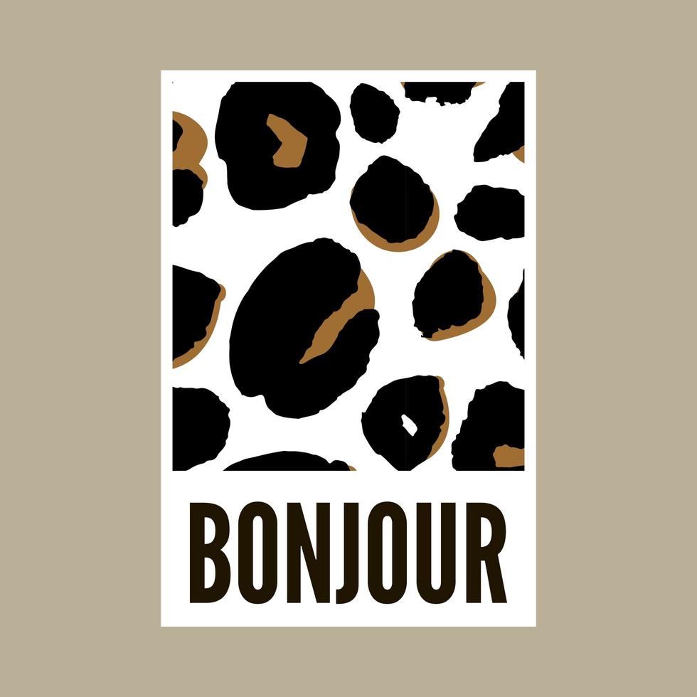 texto decorativo bonjour hola eslogan con fondo de piel de leopardo vector