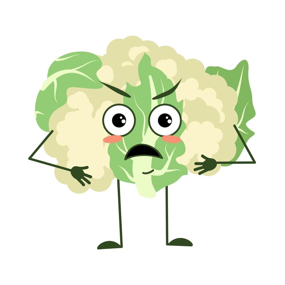 Cute cauliflower character with angry emotions, face, arms and legs. The funny or grumpy food hero, green vegetable, cabbage vector