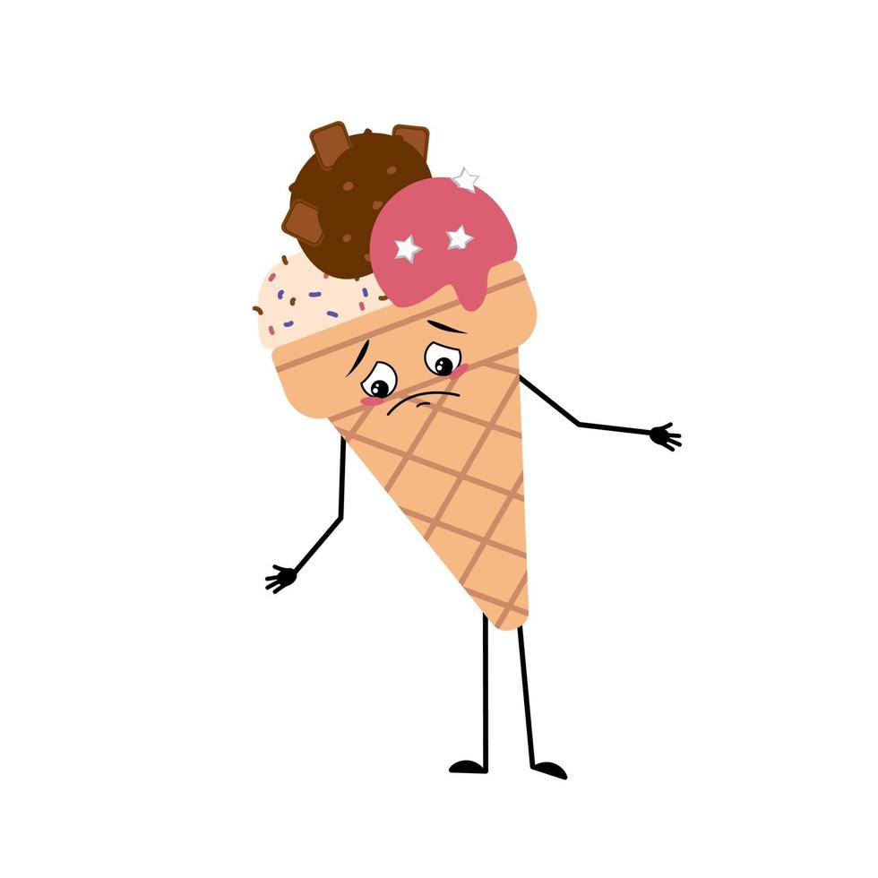 Cute ice cream character with sad emotions, depressed face, arms and legs. Dreary waffle cup, down eyed sweet food, chocolate cold dessert vector