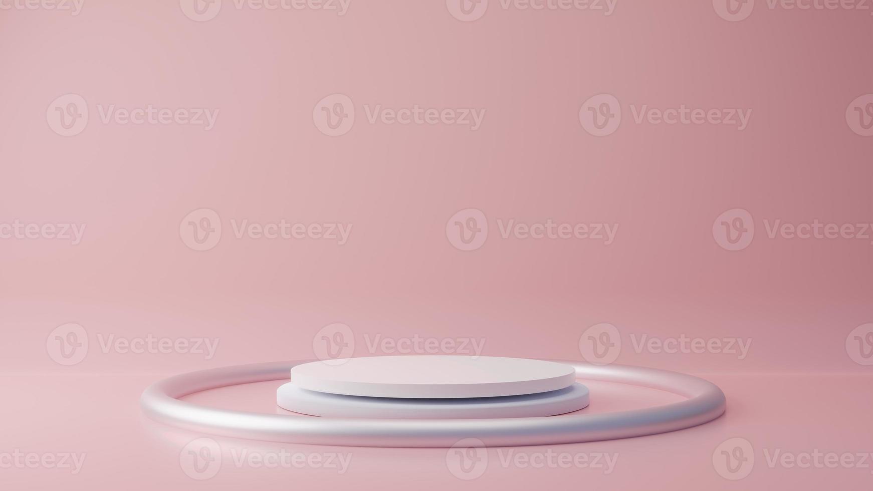 Pink pastel product stand with gold ring on background. Abstract minimal geometry concept. Studio podium platform theme. Exhibition and business marketing presentation stage. 3D illustration rendering photo