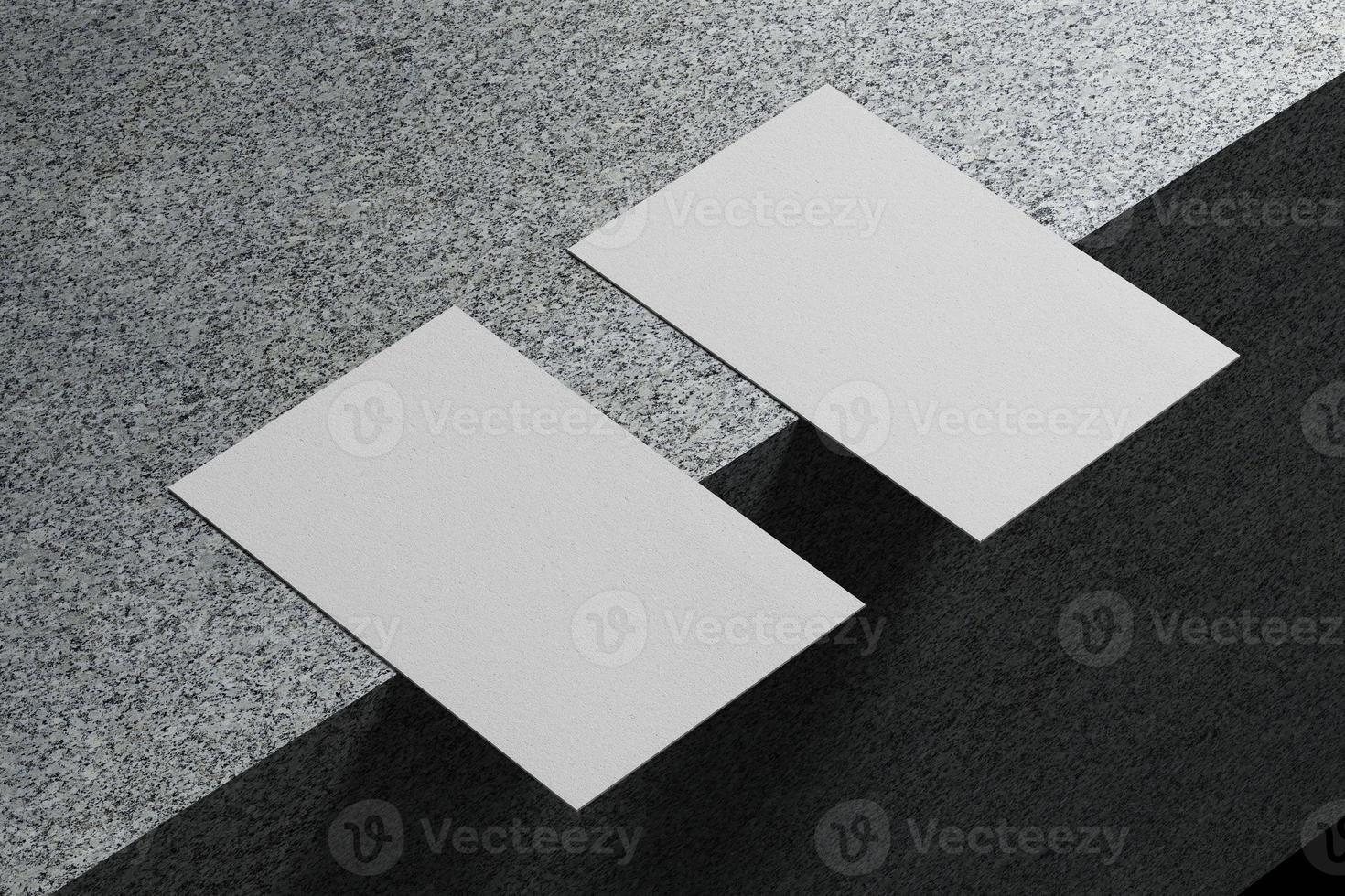 White horizontal business card paper mockup template with blank space cover for insert company logo or personal identity on marble floor background. Modern concept. 3D illustration render photo