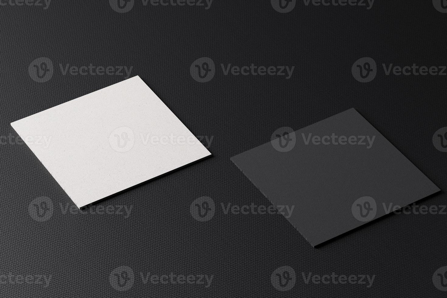 White square shape paper business card mockup on black modern fabric table background. Branding presentation template print graphic design. Two cards mock up. 3D illustration rendering photo