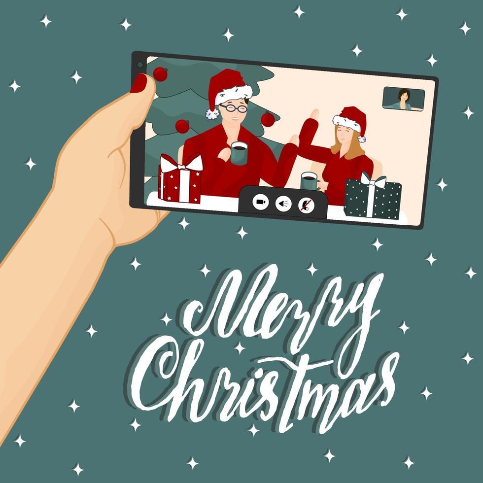 Videollamada de teléfono móvil con familiares o amigos en Navidad año nuevo vector