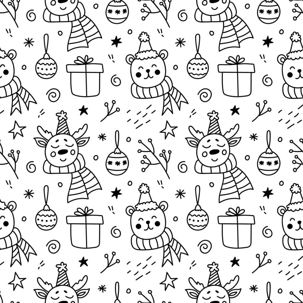 Christmas seamless pattern. Cute faces of deer and bear, New Year's gifts, Christmas balls, stars and twigs. Vector hand-drawn illustration in doodle style. Perfect for wrapping paper, packaging,decor