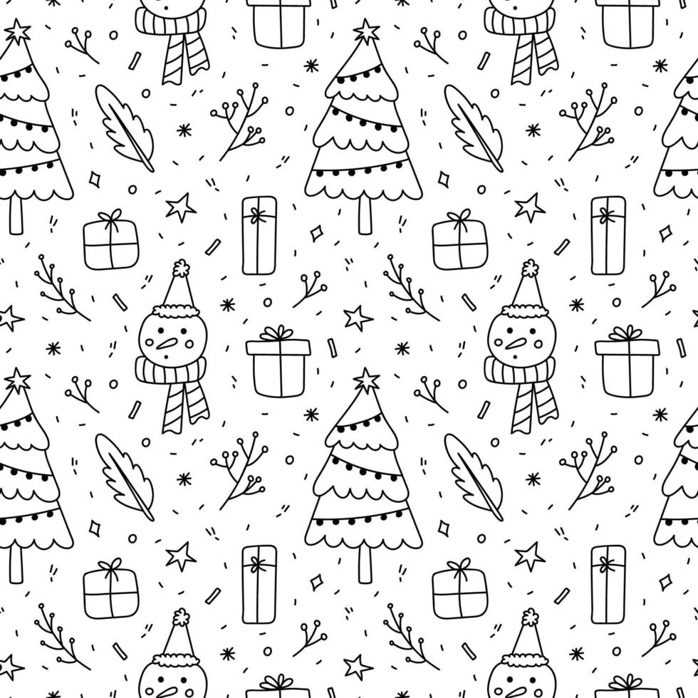 Cute Christmas seamless pattern. Festive Christmas tree with garland, snowman, gifts, twigs and snowflakes. Vector hand-drawn illustration in doodle style. Perfect for wrapping paper,packaging, decor.