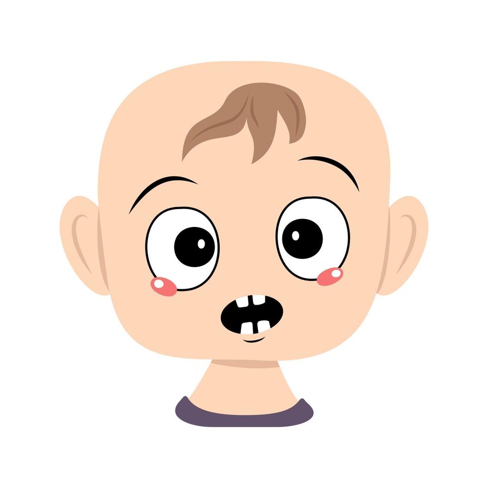 niño con pánico de emociones, cara de sorpresa, ojos conmocionados. cabeza de bebe con expresión asustada vector