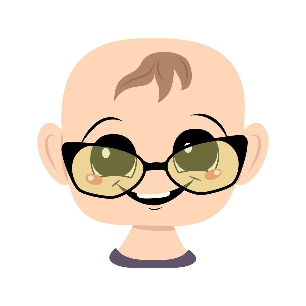 Child with big eyes, glasses and wide happy smile. Head of cute child with joyful expression vector