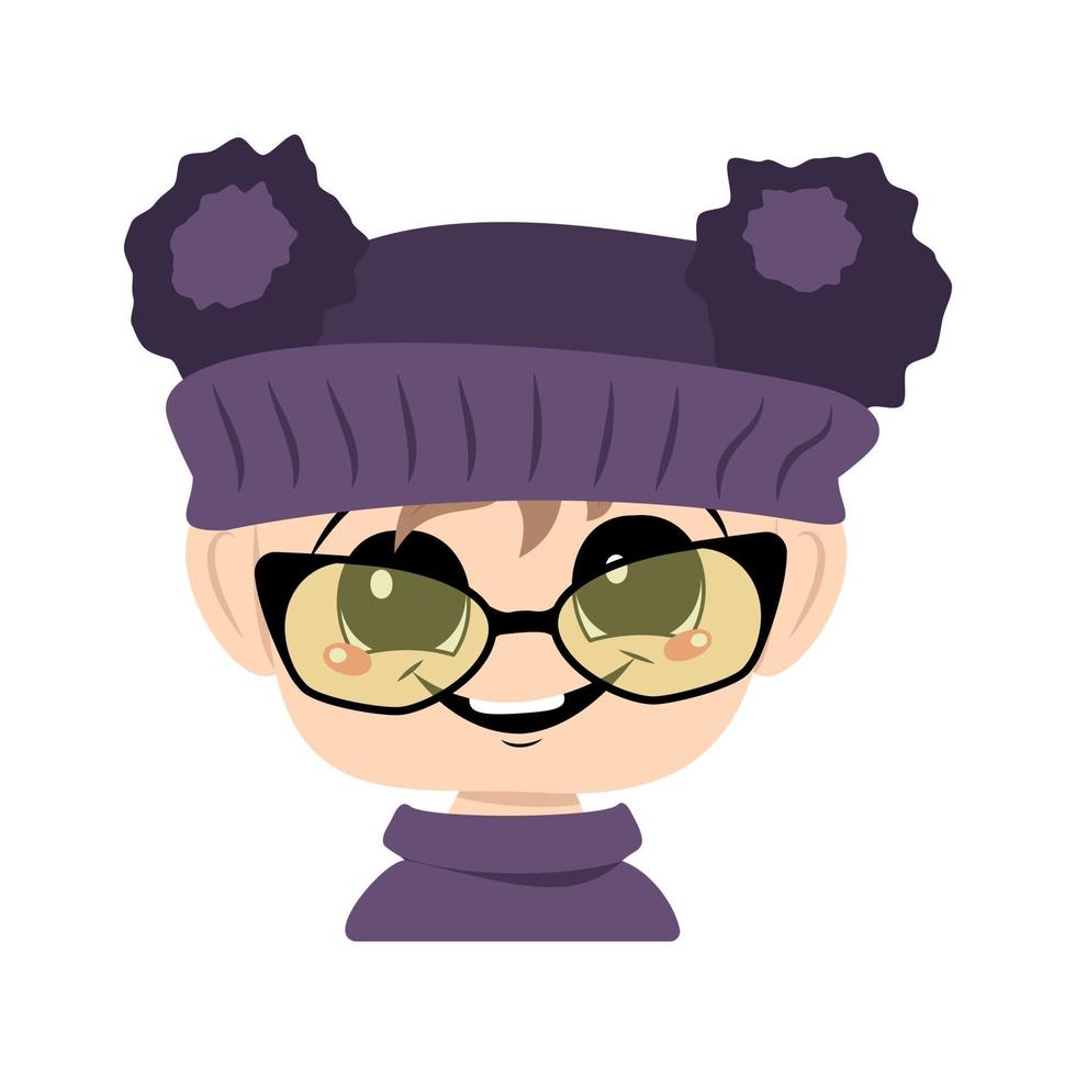 Child with big eyes, glasses and wide happy smile in purple hat with pompom. Cute kid with joyful face vector