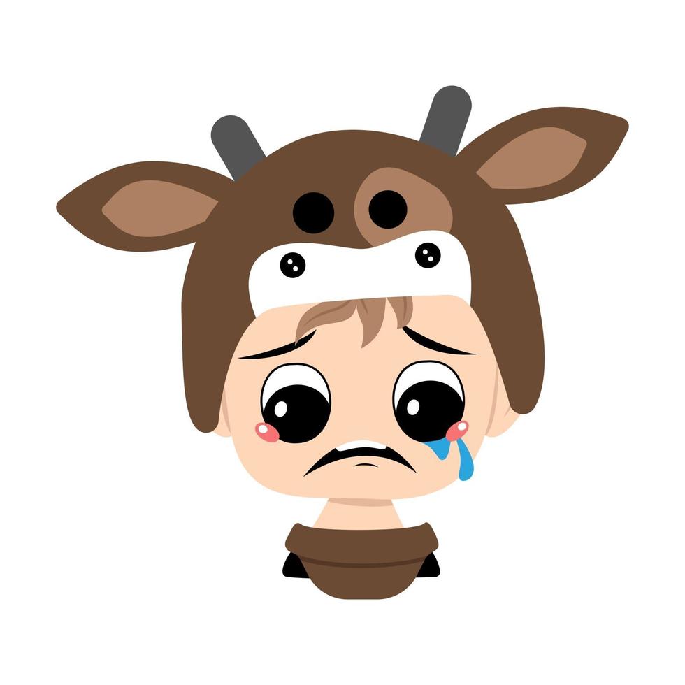 Boy with blonde hair and crying and tears emotion, sad face, depressive eyes in cow hat. Head of cute child with melancholy expression in carnival costume for the holiday, Christmas or New year vector