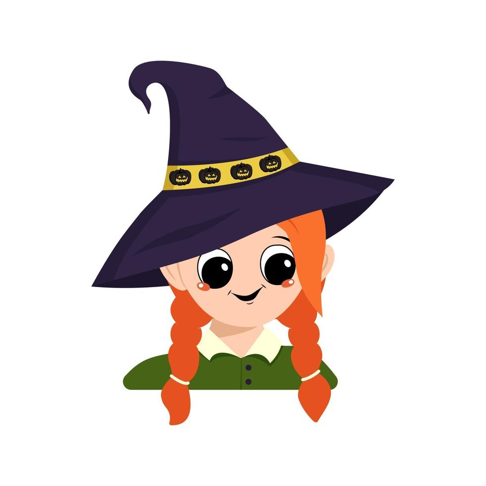 avatar de una niña pelirroja, ojos grandes, gafas y una amplia sonrisa feliz con un sombrero de bruja puntiagudo con una calabaza. la cabeza de un niño con rostro alegre. decoración de fiesta de halloween vector