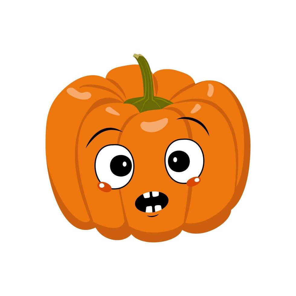 Cute pumpkin character with emotions panic, surprised face, shocked eyes. Festive decoration for Halloween. Mischievous vegetable hero vector