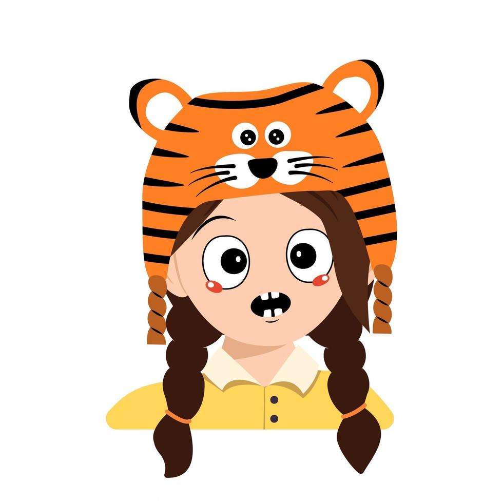 Avatar of girl with emotions panic, surprised face, shocked eyes in tiger hat. Cute kid with scared expression in carnival costume for New Year, Christmas and holiday. Head of adorable child vector