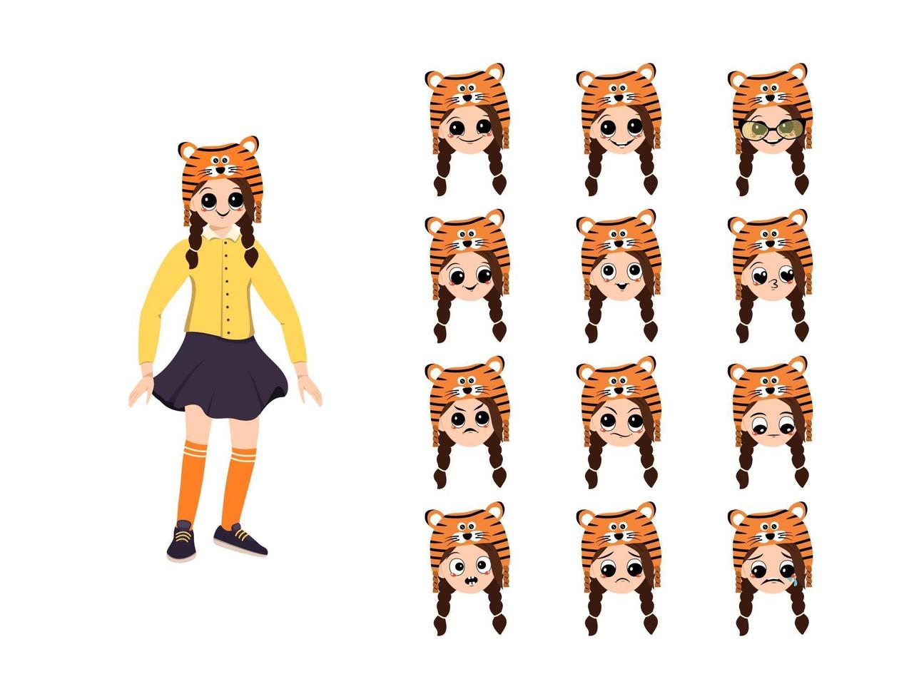 Girl in orange hat of tiger and head with different emotion. Child carnival party. Kid in costumes of animal for New year, Christmas or holiday and face with happy, sad or angry expression vector