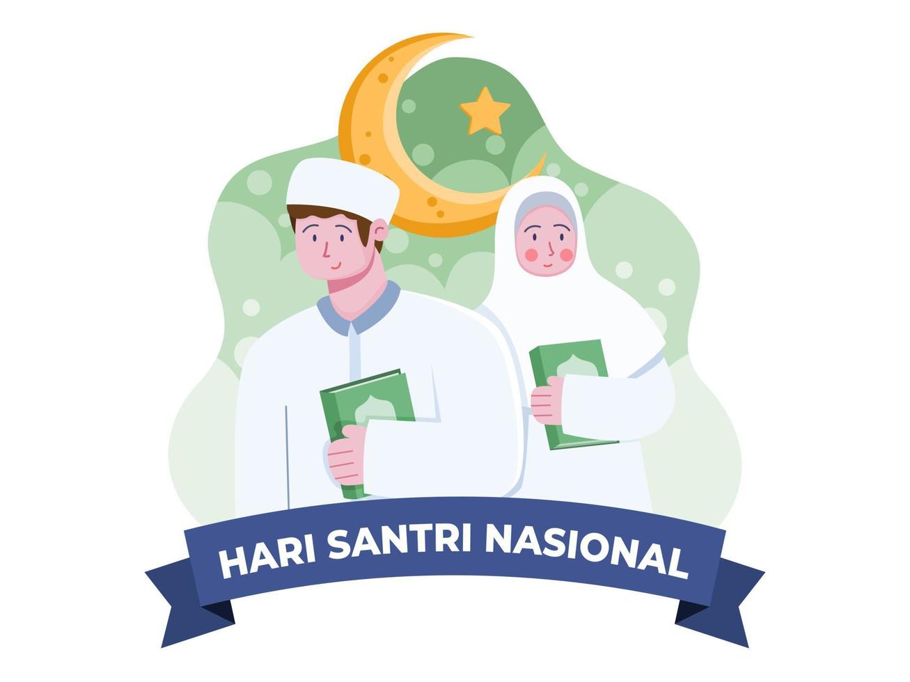 Illustration of Indonesia santri national day with Muslim person bring Al-Quran. Selamat hari santri nassional. can be used for banner, greeting card, poster, postcard, invitation, web, social media. vector