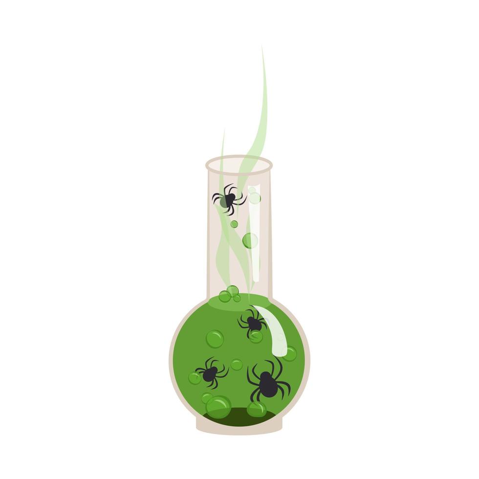 Witch flask with boiling green liquid and spiders. Halloween potion party decoration vector