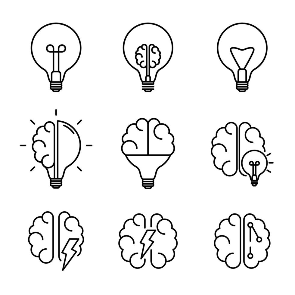 idea creativa, conjunto de colección de iconos de línea de brainstone. cerebro en bombilla, cerebro e inteligencia artificial logo de educación. ilustración vectorial vector