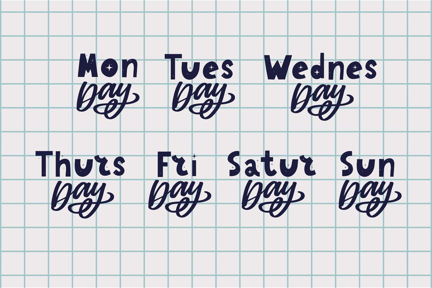 nombres de los días de la semana, tipográfico grunge vintage, letras de estilo de sello desigual para los diseños de su calendario vector