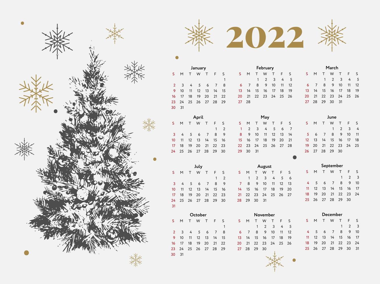 2022 árbol de navidad año nuevo bosquejo calendario semana comienza el domingo. vector