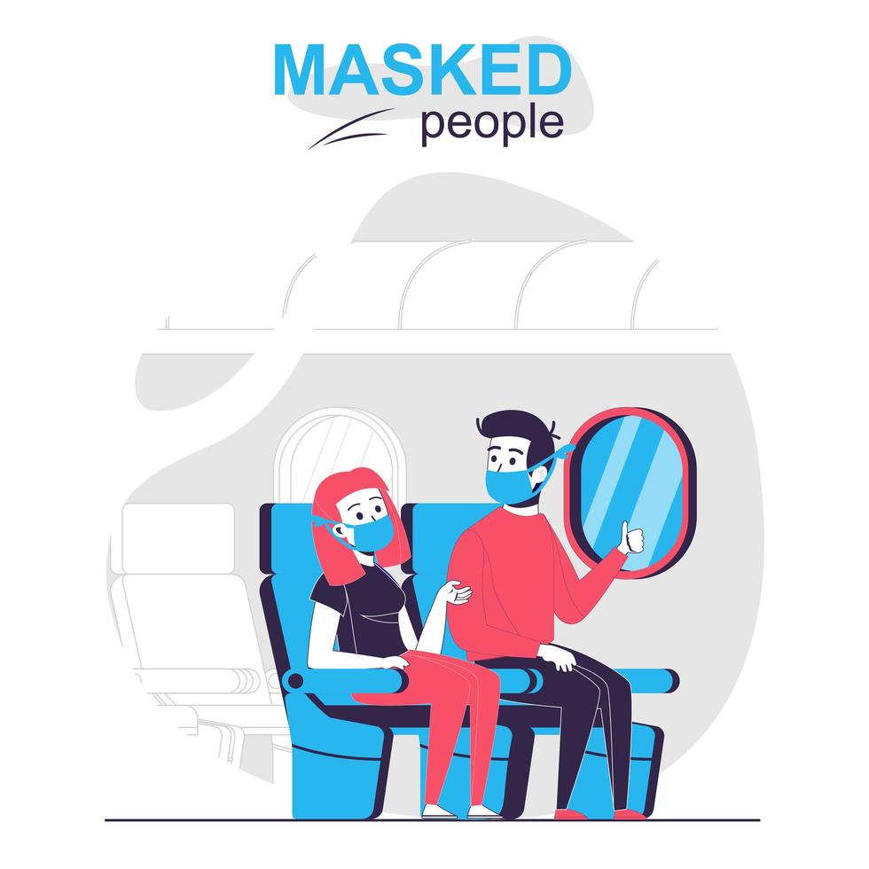 gente enmascarada aislado concepto de dibujos animados. viajeros con máscaras sentados en el avión a bordo, escena de personas en diseño plano. ilustración vectorial para blogs, sitios web, aplicaciones móviles, sitios móviles. vector