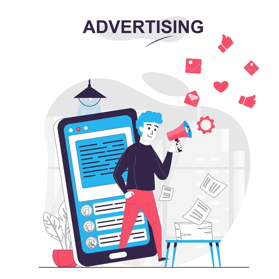 Advertising isolated cartoon concept. Man attracts clients in social media at mobile app, people scene in flat design. Vector illustration for blogging, website, mobile app, promotional materials.